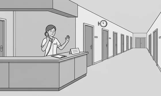 Een verpleegkundige aan de balie houdt de telefoon vast en gebaart dat doorverbinden niet mogelijk is.