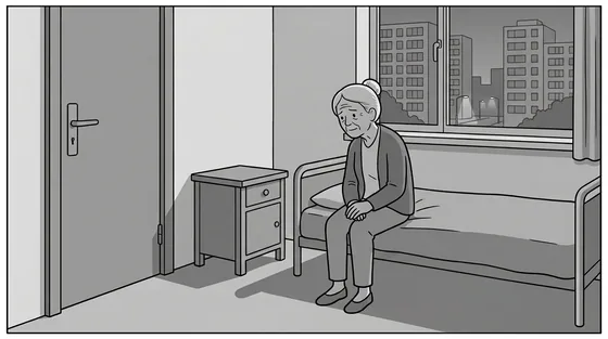 Illustratie: een oudere vrouw zit alleen op de rand van een bed in een sobere instellingskamer, bij een raam met uitzicht op flats in de verte.