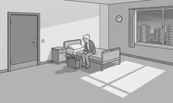 Trudy zit op de rand van het bed in haar kamer in de gesloten accommodatie, haar koffer nog ingepakt naast haar.