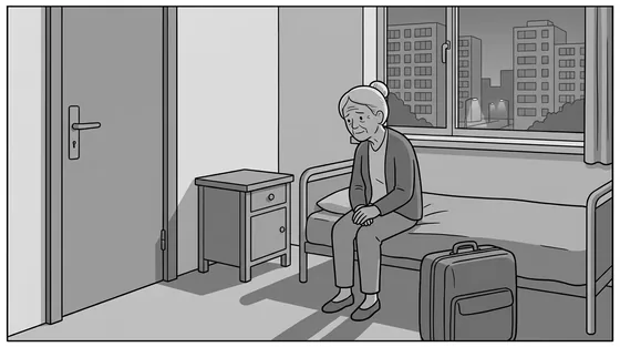 Illustratie van een oudere vrouw die 's avonds alleen op de rand van een bed zit in een zorginstelling, naast een onuitgepakte koffer; op het nachtkastje geen telefoon.