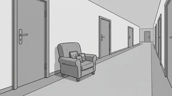 Illustratie: een fauteuil met familiefoto's op de zitting staat alleen in een lange, lege gang van een instelling.