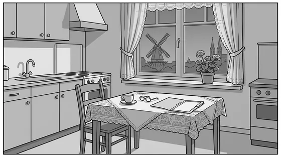 Illustratie van een lege keuken in Trudy's woning: een stoel naar achteren geschoven, een kop thee, een leesbril en een lege open documentmap op tafel; door het raam een molen en kerktorens.