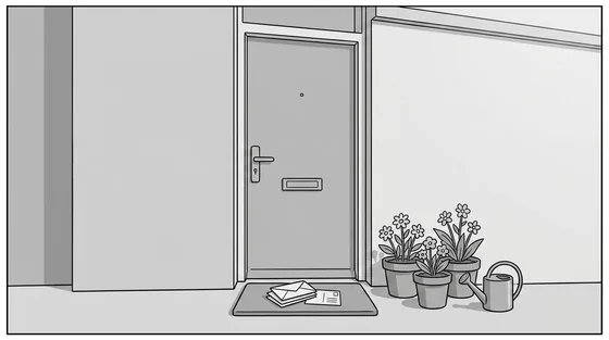 Illustratie: de voordeur van een Nederlands rijtjeshuis met verzorgde bloemen op de stoep, een gieter en netjes opgestapelde post op de mat.