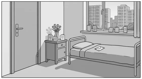 Illustratie van dezelfde kamer in de zorginstelling: tulpen op het nachtkastje, verjaardagskaarten op de vensterbank en het nachtkastje, een envelop op het bed. Een impressie, geen foto van de werkelijke situatie.
