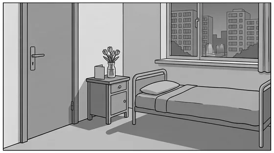 Illustratie van een lege kamer in een zorginstelling: tulpen en een verjaardagskaart op het nachtkastje naast een opgemaakt bed. Een impressie, geen foto van de werkelijke situatie.