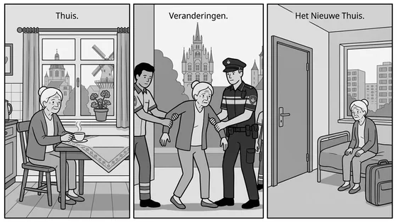 Drieluik: Trudy thuis aan haar keukentafel; haar begeleide vertrek uit huis; alleen in een kamer van de gesloten instelling.